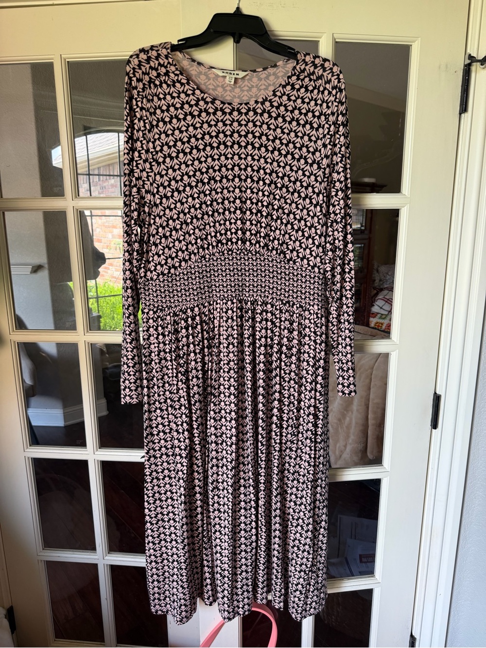 Boden Women’s Pink Black Floral Print Smocked Waist Midi Dress US 14R